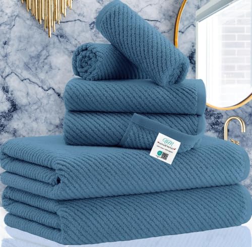 VOOVA & MOVAS 6PC Towel Set, 100% Cotton, Denim Blue | 2 Large Bath 30x56 In, 2 Hand 18x28 In, 2 Wash Cloths 13x13 In, Soft, Quick Dry, Thick, Towel Gift - color: Labrador Blue, size: 6 PC Bathroom Towel Set