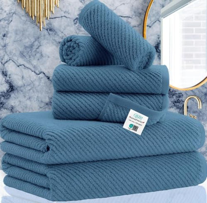 VOOVA & MOVAS 6PC Towel Set, 100% Cotton, Denim Blue | 2 Large Bath 30x56 In, 2 Hand 18x28 In, 2 Wash Cloths 13x13 In, Soft, Quick Dry, Thick, Towel Gift - color: Labrador Blue, size: 6 PC Bathroom Towel Set