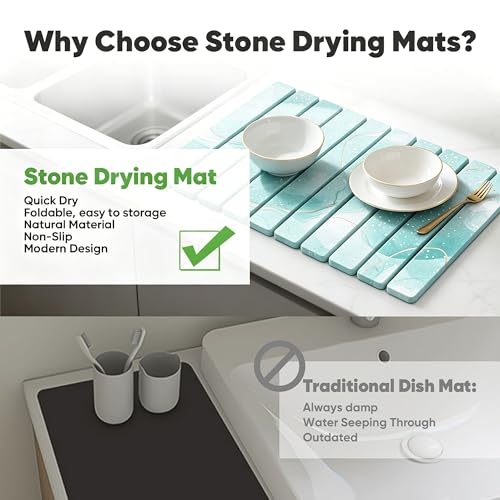 Stone Drying Mat for Kitchen Counter, Quick Diatomaceous Earth Mats for Dishes, 24"L x 16" W Super Absorbent Fast-Drying Collapsible Countertop Stone Mat (Marble White Green-01, 24" x 16") - color: Marble White Green-01