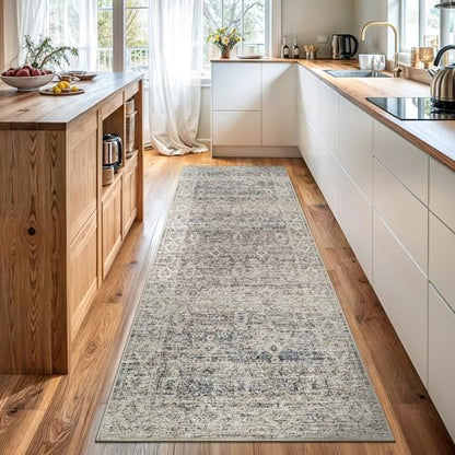 Bloom Rugs Caria Washable Non-Slip 7 ft Runner - Beige Brown/Teal Traditional Runner for Entryway, Hallway, Bathroom, and Kitchen - Exact Size: 2'6" x 7' - color: Beige Brown / Teal, size: 2'6" x 7' (Runner)
