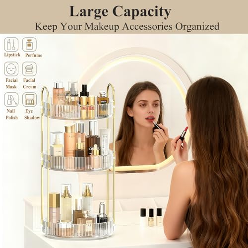 360° Rotating Makeup Organizer, 3 Tier Large Bathroom Makeup Organizers for Vanity, Clear Large Capacity Cosmetic Holder Perfume Storage Shelf