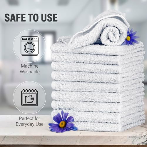 100% Cotton Washcloths 12x12 in, Absorbent, White (10 Pack)