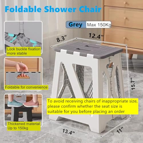 Foldable Bath Shower Safety Chair Seat Grey, Foldable and Anti-Slip Bench Bathtub Stool for Elderly or Seniors (Foldable ShowerChair 15.7" H Grey, Seat Size 12.4" x 8.3“ - size: Foldable 15.7"H Grey