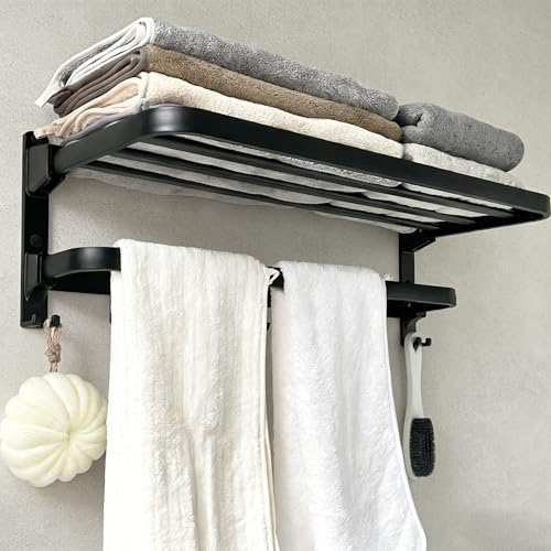 24in Towel Racks Shelf for Bathroom Wall Mounted Organizer for Hotel,Black | Double Space Saving Foldable Rustproof Painted Aluminum L-Shape Modern - size: 1 Tier