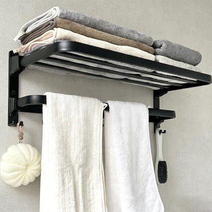 24in Towel Racks Shelf for Bathroom Wall Mounted Organizer for Hotel,Black | Double Space Saving Foldable Rustproof Painted Aluminum L-Shape Modern - size: 1 Tier