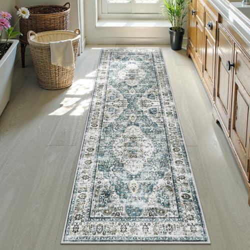 Uphome Bathroom Runner Rug, Distressed Tribal Farmhouse Blue Bathroom Mat, Large Bathroom Rugs Non Slip Washable, Oriental Retro Boho Bath Mat Runner for Bathtub Sink Hallway, 24x71 inch - color: Blue, size: 24 x 71 inch (Rectangular)