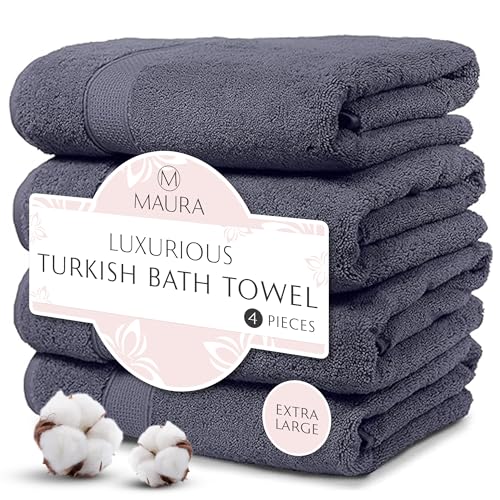 MAURA Indigo Blue Extra Large Turkish Cotton Luxury Bath Towels Set of 4. Ultra-Soft, Thick & Plush Towels for Bathroom - Denim Blue - color: Denim Blue, size: Bath Towel (4-Pack)