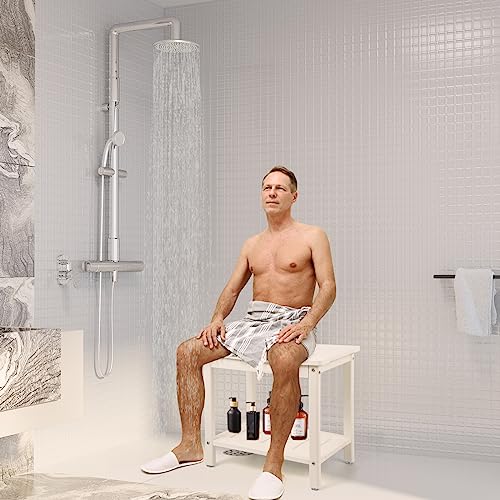 Apolimi HDPE Shower Bench, Shower Stool with Storage Shelf 2-Tier Spa Stool for Inside Shower,Water Resistant & Non-Slip Design Shower Seat (White L Size)