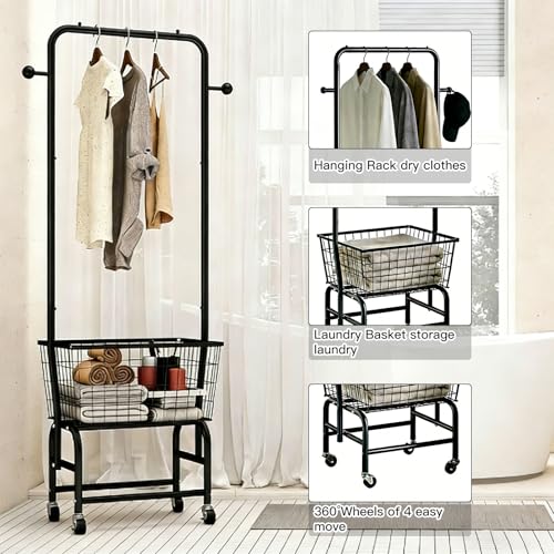 Rolling Laundry Cart with Hanging Rack Metal Laundry Basket with Wheels Laundry Hamper with Storage Basket and Shelf for Laundry Room Organization Black