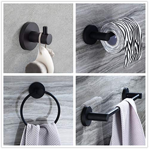 4-Piece Bathroom Hardware Set Black Wall Mounted, Robe Hook, Wall Toilet Paper Holder, Towel Ring, Adjustable Towel Bar(18’’-24’’),Bathroom Accessories Black Painted - size: 4 PCS