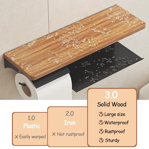 Double Toilet Paper Holder with Wide Solid Wood Shelf | 16" x 5.31" Double Roll Holder Fits Phone & Large Wipes Storage | Rust-Resistant for Rustic Farmhouse Bathrooms Organizer - color: Black