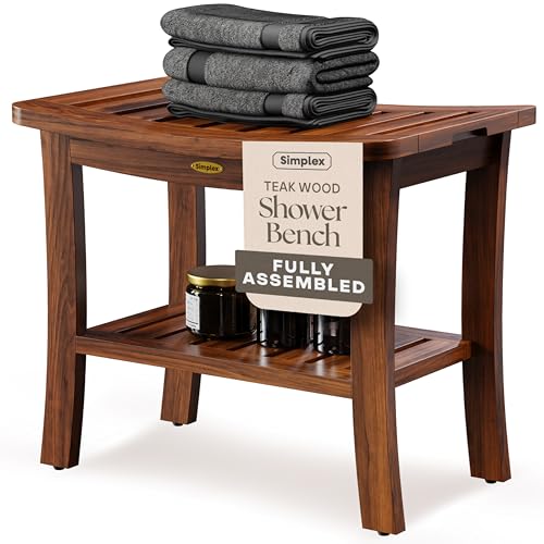 Teak Shower Bench for Inside Shower, Solid Teak Wood Bathroom Bench with Shelf, Waterproof Indoor Outdoor Spa Bench