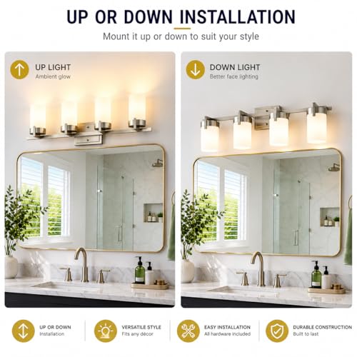 4-Light Bathroom Vanity Light, Brushed Nickel Vanity Light with Frosted Glass Shades, E26 Base Bathroom Light Fixture, Dimmable, Up or Down Wall Mount Lighting for Bathroom Mirror - color: Brushed Nickel
