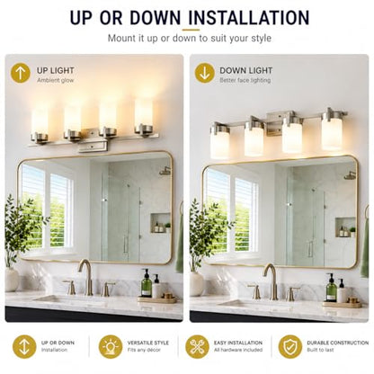 4-Light Bathroom Vanity Light, Brushed Nickel Vanity Light with Frosted Glass Shades, E26 Base Bathroom Light Fixture, Dimmable, Up or Down Wall Mount Lighting for Bathroom Mirror - color: Brushed Nickel