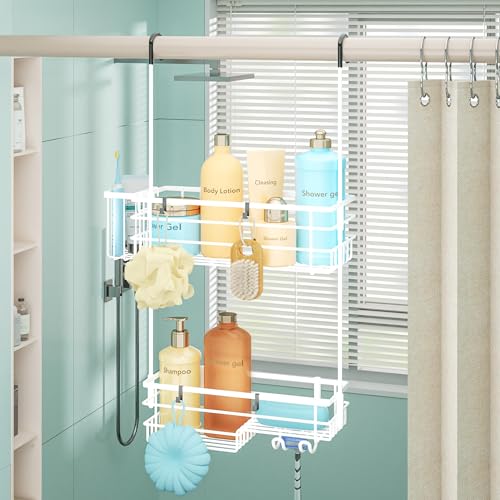 HapiRm Hanging Shower Caddy Organizer - No Drilling Shower Shelves with Hooks and Toothbrush Holder, Rustproof 304 Stainless Steel Bathroom Organizer - White - color: White