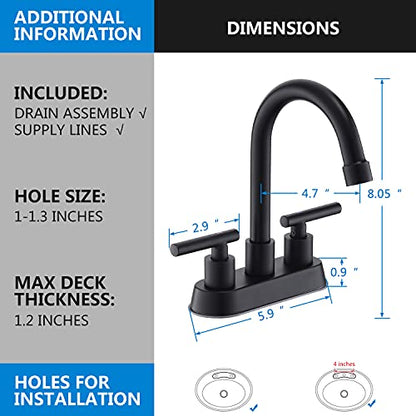 Black Bathroom Faucet, 2 Handle 4 Inch Centerset Sink Faucet with Drain | Yardmonet Matte Black Bathroom Sink Faucet, 2-Handle Stainless Steel Vanity Faucet With Pop-Up Drain And Supply Lines - color: Matte Black