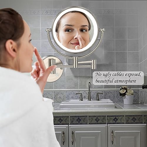 Wall Mounted Makeup Mirror with Lights, Brass, Brushed Nickel | 2 Sided 1/5X Magnifying, Bathroom Vanity Cosmetic, Touch Sensor, 3 Color Lighting, Extended Arm, 360 Rotation, Rechargeable - color: Brushed Nickel