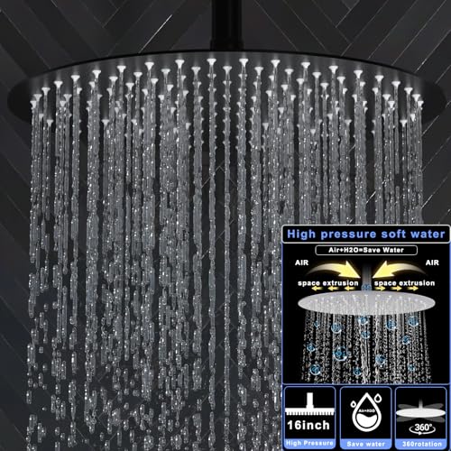 HOMEDEC 16inch Round Rain Shower System with Dual 6" Wall Mounted Shower Heads, 4 Way Shower Diverter Valve with 2-Function Handheld Shower, Black - color: Black, style: 4-Way + 2x 6" Top (No Jets)