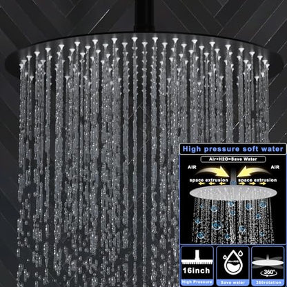 HOMEDEC 16inch Round Rain Shower System with Dual 6" Wall Mounted Shower Heads, 4 Way Shower Diverter Valve with 2-Function Handheld Shower, Black - color: Black, style: 4-Way + 2x 6" Top (No Jets)