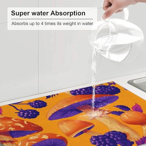 Lovely Mushroom Print Dish Drying Mat Absorbent Reversible Microfiber Kitchen Counter Protector Fast Drying Dish Pad Large“18 x 24" Dish Mat - color: Orange-Mushroom