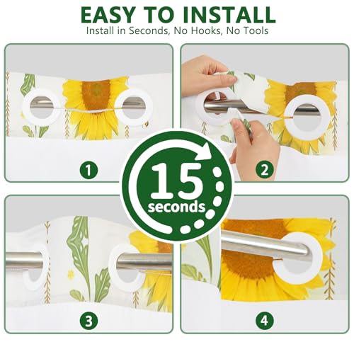 No Hook Shower Curtain with Snap in Liner, Floral Shower Curtain with Sheer Top Window and Weighted Hem, Sunflower and Dandelion Print Farmhouse Shower Curtains for Bathroom, 71" W x 74" L - color: Sunflower and Dandelion