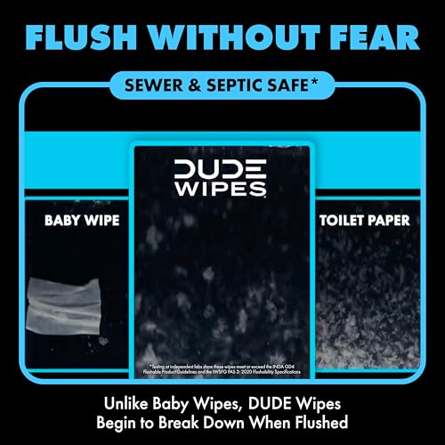 DUDE Wipes Unscented Adult Flushable Wet Wipes, Sensitive Skin, 48 Count | 1 pack of 48 extra large flushable butt wipes. Hypoallergenic plastic-free wipes. 99% water, vitamin E, aloe. Septic safe. - size: 48 Count (Pack of 1)