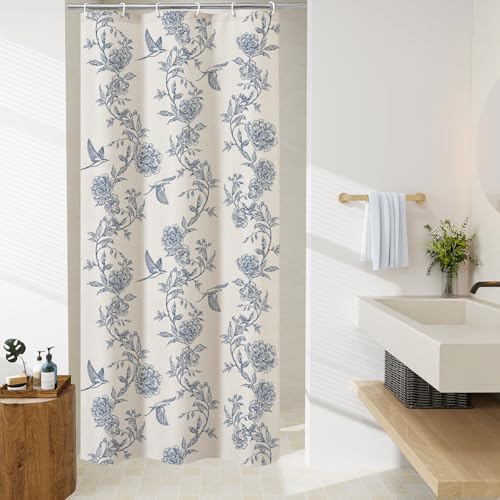 MitoVilla Small Stall Blue Cotton Shower Curtain for Bathroom,36 x 72 | Narrow Half Cottagecore Hummingbird Spring Shower Curtains, Modern Farmhouse Country Floral Bathroom Décor, 36 x 72 - color: Blue, size: 36"W x 72"L (Pack of 1)