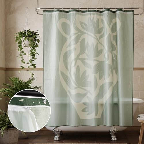 Tropical Green Flower Linen Shower Curtain Set with Liner,72"Wx72"L | Double Layer Shower Curtain Waterproof Fabric with Zippered Removable PEVA Liner,Boho Shower Curtain for Bathroom,Free Hooks - color: Green Vase Floral