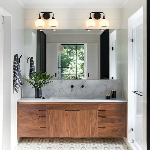 Black Bathroom Light Fixtures 2 Lights Vanity Lights with Milky White Frosted Glass Shade Bathroom Vanity Light 14 inch Wall Sconce Lighting Bath(Exclude E26 Bulb) - color: Black, size: 2 Light