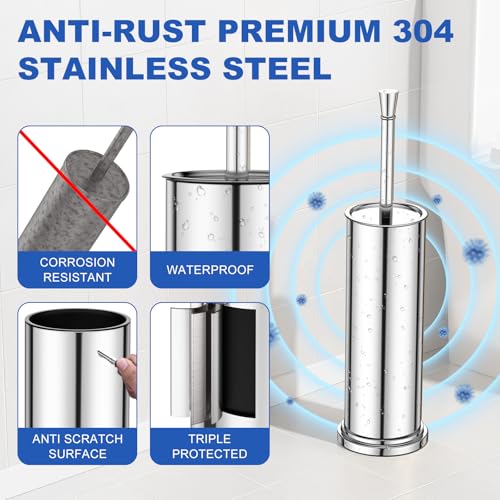 Toilet Brush and Holder Set：304 Stainless Steel Heavy Duty Toilet Bowl Brush，Removable Inner Bowl and Splash Protection，Bathroom Toilet Brush-Dense Bristles for Through Cleaning - color: Chrome