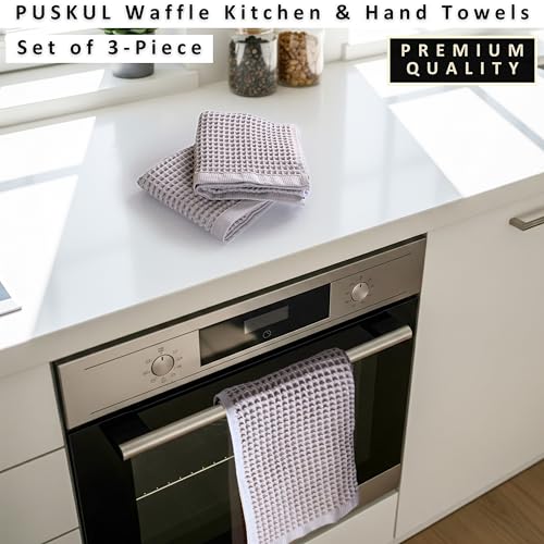 PÜSKÜL Natural 100% Turkish Cotton Waffle Hand and Kitchen Towels Set of 3 | Light Gray, Large 32x16 inc, Honeycomb-Waffle weave towel for bathroom & kitchen. Premium quality oeko-tex made in Turkey. - color: Gray, size: Kitchen & Hand Towels Pack of 3