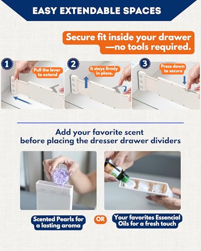 4 Pack Adjustable Drawer Dividers for Clothes with Scent Slots 4" High, 13-20.4" and 4 Adjustable Hooks, Expandable Dresser Drawer Dividers for Kitchen, Closet, Bathroom, Office