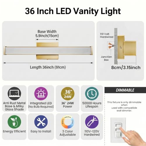 URSOLA 36" Modern LED Bathroom Light Fixtures, Golden 3CCT Dimmable Bathroom Vanity Light Over Mirror, Bathroom Vanity Bath Bar Lights with Double Layer Acrylic Shade - color: Golden, size: 36inch