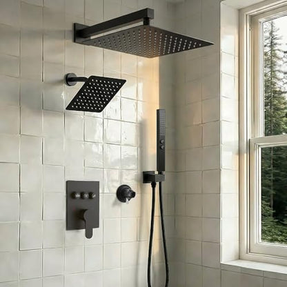Shower Faucet Set Matte Black Shower System,STARBATH Push Button Diverter Shower Set with 2 in 1 Handheld,Can Use All at Once, 12 Inch Rainfall Shower and 6 Inch Wall Mount Shower Head - color: Matte Black, size: 6+12 inch-09