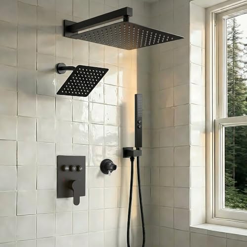 Shower Faucet Set Matte Black Shower System,STARBATH Push Button Diverter Shower Set with 2 in 1 Handheld,Can Use All at Once, 12 Inch Rainfall Shower and 6 Inch Wall Mount Shower Head - color: Matte Black, size: 6+12 inch-09