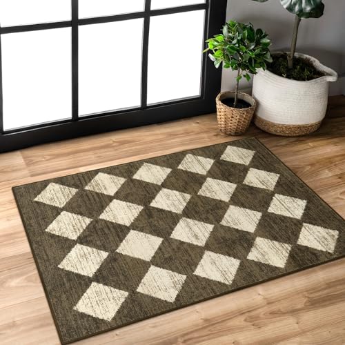 Lahome Zelie Small 2x3 Kitchen Rugs Non Slip, Machine Washable Entryway Rugs, Moroccan Trellis Indoor Soft Non-Slip Non-Shedding Throw Bathroom Carpet for Doorway Bedside Laundry Room, Brown - color: Dark Brown, size: 2' x 3' (Rectangular)