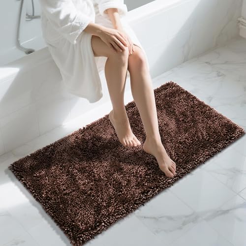 Yimobra Long Bathroom Rug Non Slip 44x24 Inch, Extra Thick Soft Absorbent Chenille Bath Mat, Machine Washable Quick Dry Bath Rugs for Bathroom Floor, Tub and Shower, Home Decor Accessories, Brown - color: Brown, size: 44" X 24"