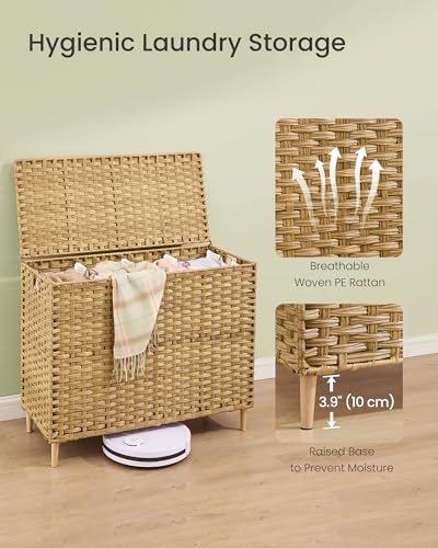 SONGMICS 4-Section Laundry Hamper with Lid, 55.4 Gal (210L) PE Rattan Laundry Basket with Removable Washable Liners, for Bedroom & Living Room, Goose Yellow ULCB224YE01 - color: Goose Yellow, size: 210 L (4 Basket)