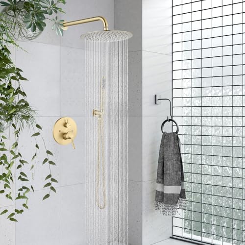 gotonovo Shower Faucet Set with Rough-in Valve Trim Kit,Brushed Gold | 10 Inch Round Rain Showerhead with Handheld Spray,Bathroom Wall Mount Shower System Complete Combo,2-in-1 Diverter,All Metal - color: Gold