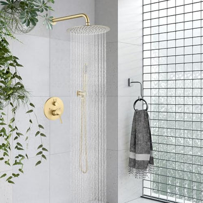 gotonovo Shower Faucet Set with Rough-in Valve Trim Kit,Brushed Gold | 10 Inch Round Rain Showerhead with Handheld Spray,Bathroom Wall Mount Shower System Complete Combo,2-in-1 Diverter,All Metal - color: Gold