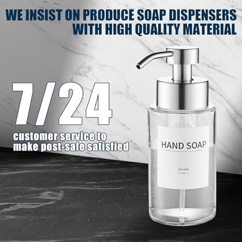 Glass Foaming Hand Soap Dispenser 10 oz with Rust Proof Pump | Easy Refill, Stainless Steel Pump and Waterproof Labels, Premium Glass Foam Dispenser, for bathroom Countertop - color: Brushed Nickel Foam 1pc