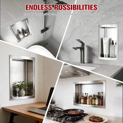 VELPAX No Tile Needed Shower Niche 13"X 19", Bathroom Wall Niche Single Shelf, Stainless Steel Shower Niche for Bathroom, Kitchens, Balconies - color: Silver, size: 13"X 19" Single Shelf