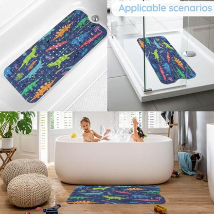 Bathtub Mats for Kids, Cartoon Blue Dinosaur Bath Mat for Tub Non Slip, 40 X 16 Inch Large Washable Bathtub Mat Non Slip for Showers with Drain Holes and Suction Cups - color: Blue Dinosaur