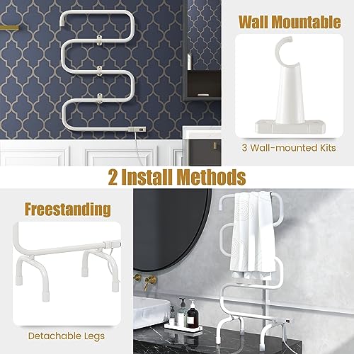 COSTWAY Heated Towel Warmer, Freestanding & Wall-Mounted 5-Bar Drying Rack with Built-in Switch, Overheat Protection & Constant Temperature Control, for Bathroom, Spa, White