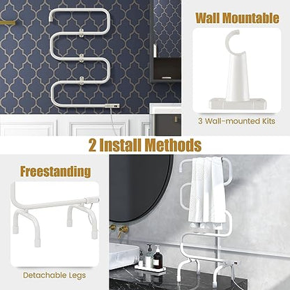 COSTWAY Heated Towel Warmer, Freestanding & Wall-Mounted 5-Bar Drying Rack with Built-in Switch, Overheat Protection & Constant Temperature Control, for Bathroom, Spa, White