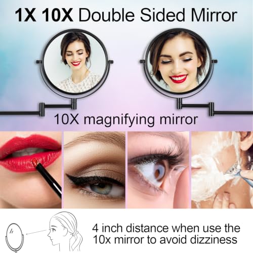 8" Wall Mounted Makeup Mirror with 1X 10X Magnification, Matte Black | Double-sided Wall Mount Magnifying Mirror with Swivel Extendable Arm for Bathroom - color: Matte Black-no Lights