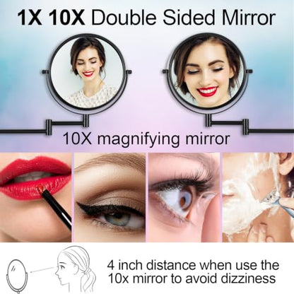 8" Wall Mounted Makeup Mirror with 1X 10X Magnification, Matte Black | Double-sided Wall Mount Magnifying Mirror with Swivel Extendable Arm for Bathroom - color: Matte Black-no Lights