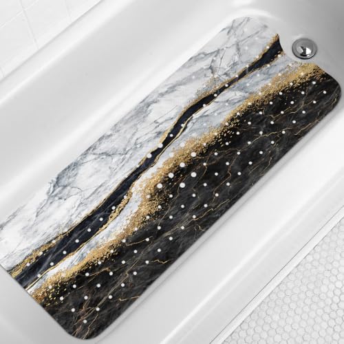 LNOND Marble Bath Tub Mat Non Slip, Extra Long 40 X 16 Inch Anti Slip Mat for Bathtub, Black Grey Marble Shower Mat with Drain Holes and Suction Cups, Machine Washable - color: Blue Marble