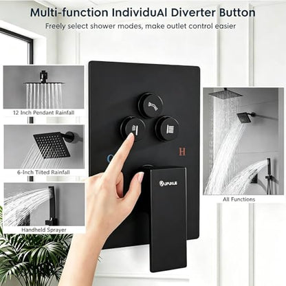 Dual Rainfall Shower Head System, Push Button Shower Faucet Set with 12" Ceiling Mount Rain shower head and 6" Wall Mount Shower Head, Pressure Balance Rough-in Valve (Matte Black) - color: Matte Black, style: Ceiling Mount