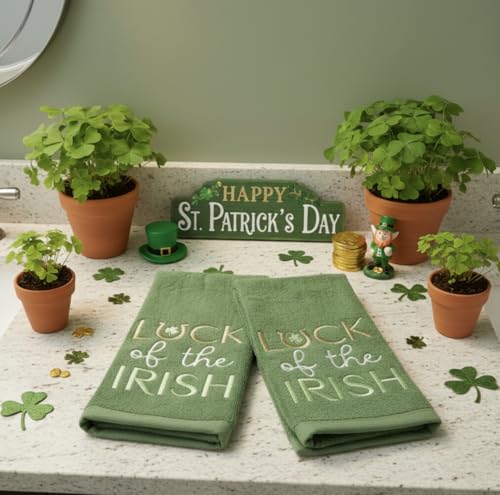 Serafina Home St. Patrick's Day Kitchen Hand Fingertip Towels, 100% Cotton Embroidered Shamrock Design, Green Towels with Luck of The Irish Design, Set of 2, 12" x 18" - color: Irish Luck